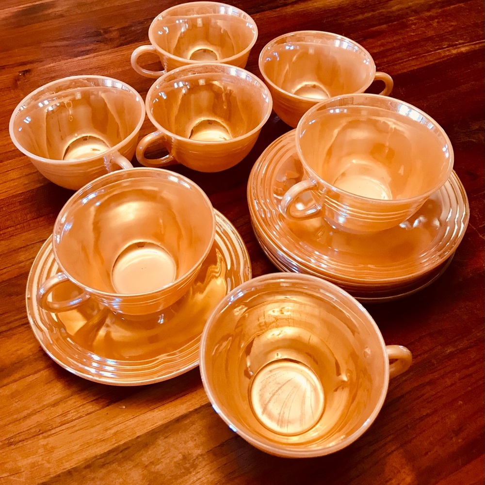 Anchor Hocking Fire King Peach Lustre 3 Bands Pattern Cup & Saucer Set 14 pcs.